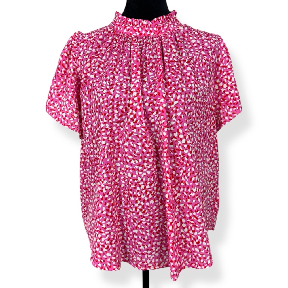 THML Top Womens Large L Pink White Red Ruffle Flutter Sleeve Mock Neck Blouse